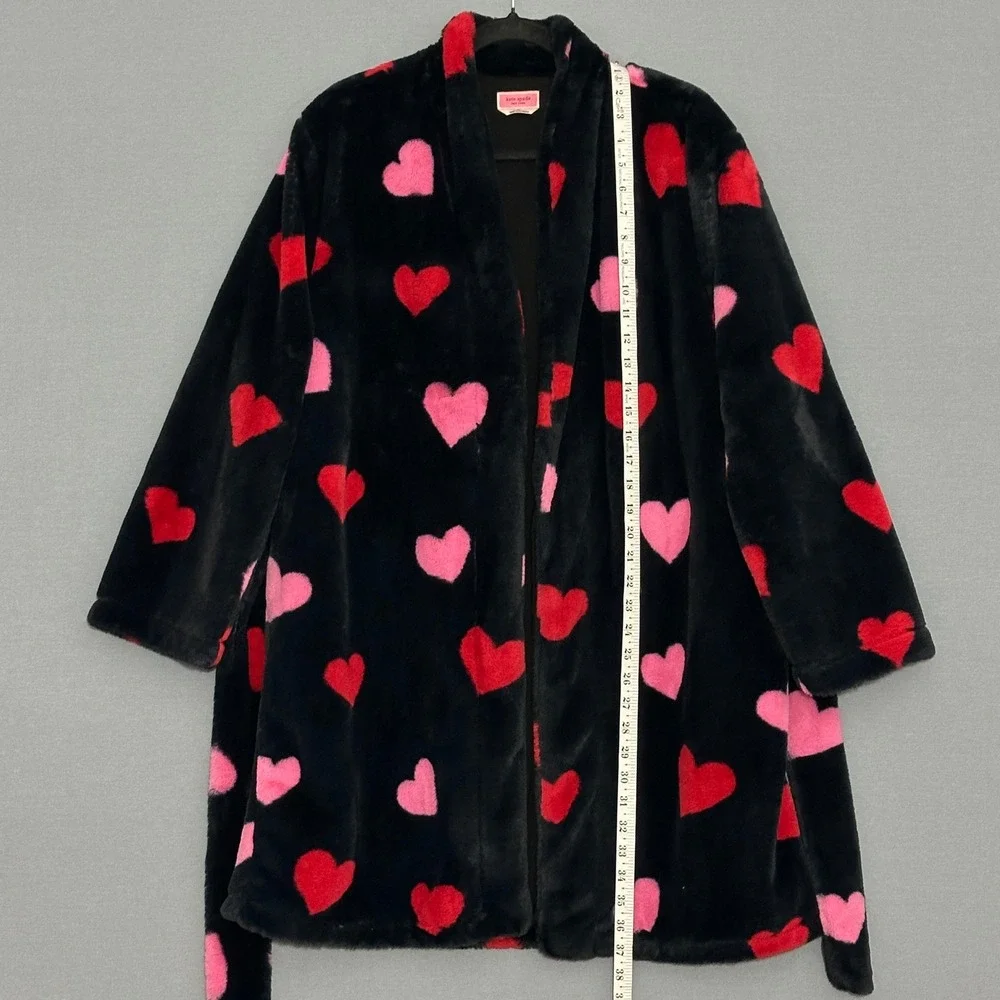 Kate Spade Womens Bathrobe M Black Plush Wrap Tie Red Pink Hearts Loungewear